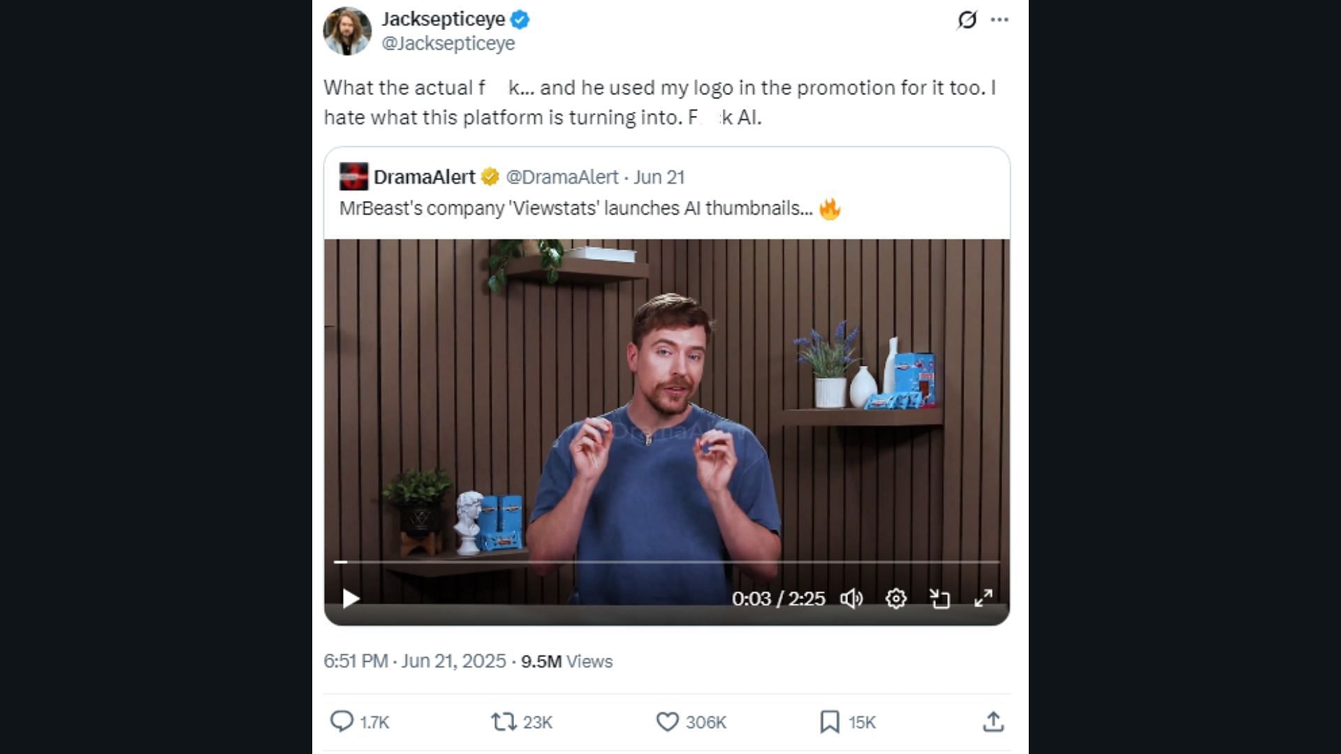 Gaming YouTuber Jacksepticeye has made an X post denouncing MrBeast's latest AI tool (Image via @Jacksepticeye/X)